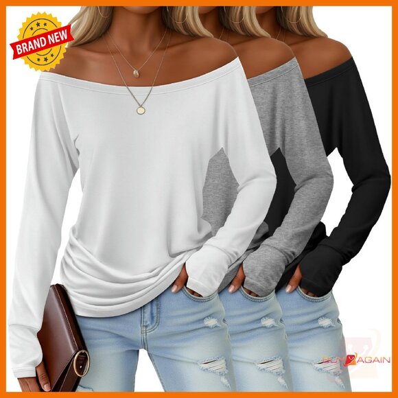 Tops - Long Sleeve Off Shoulder Tunic Top with Thumbholes, Loose Fit, 3-Pack